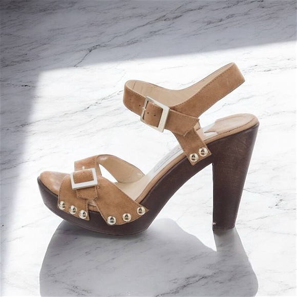 Designer Jimmy Choo Tan Suede Leather Heeled Sandals - Picture 3 of 8